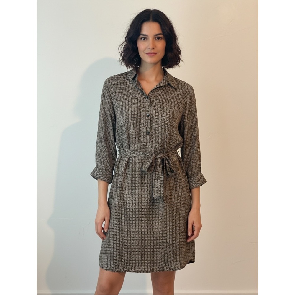 LOFT | Shirt Dress Large Black Floral Long Sleeve Belted Midi Office Ditzy